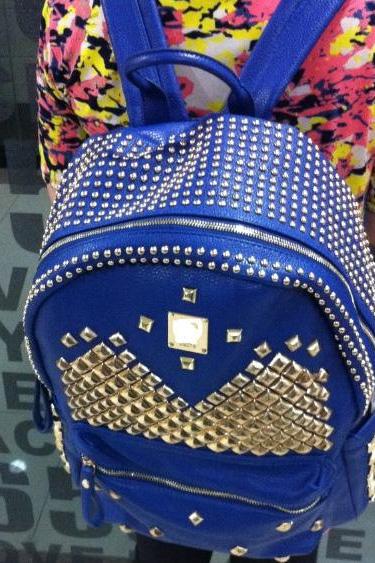 Cool Punk Style Rivet Pure Backpack - Blue