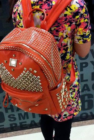 Cool Punk Style Rivet Pure Backpack - Orange