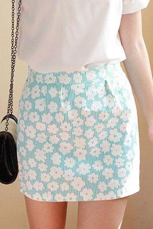 Cute Sweet Blue Floral Print Skirt