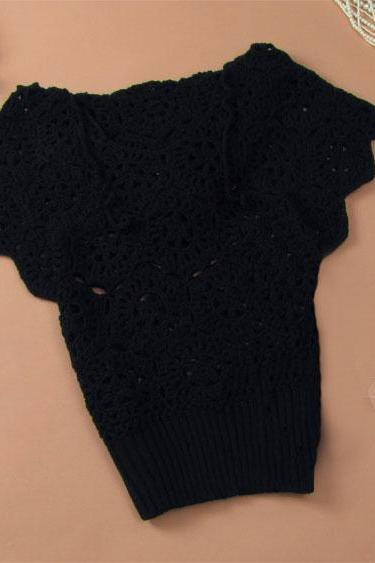 Elegant Floral Crochet Hollow Out Batwing Sleeve Shirt - Black