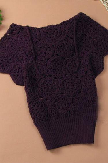Elegant Floral Crochet Hollow Out Batwing Sleeve Shirt - Purple