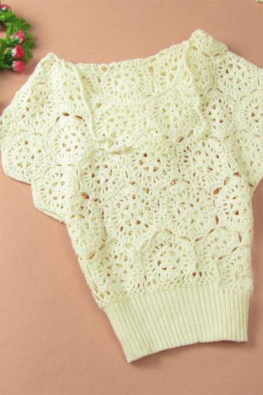 Elegant Floral Crochet Hollow Out Batwing Sleeve Shirt - White