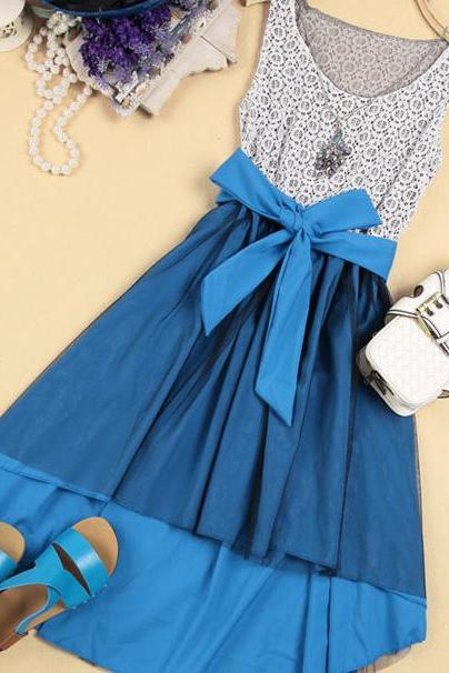 Elegant High-Low Hemline Bowknot Sleeveless Lace Spliced Dress - Blue
