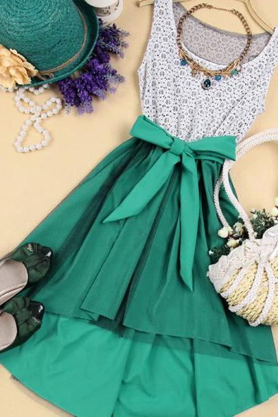 Elegant High-Low Hemline Bowknot Sleeveless Lace Spliced Dress - Green