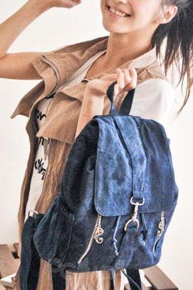 Fashion Cowboy Style Simple Zip Denim Backpack - Dark Blue