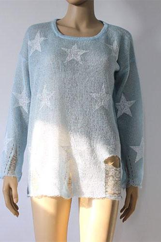 Fashion Loose Fitting Star Print Knit Sweat - Light-Blue