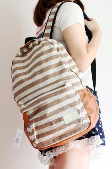 Retro Navy Style Strip Print Backpack - Light Brown