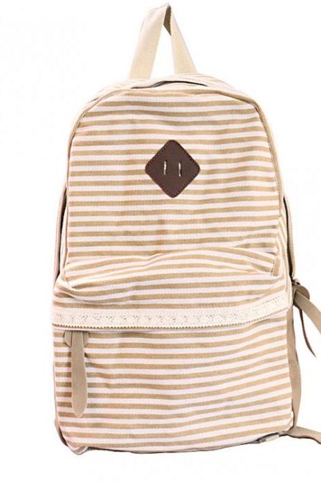 Retro Strip Print Lace Canvas Backpack - Yellow