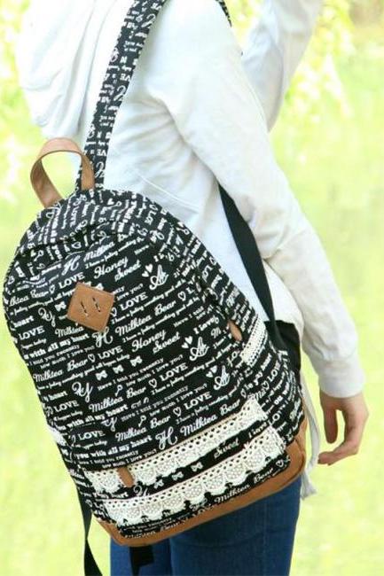 Sexy Letters Pig Nose Lace Canvas Backpack - Black