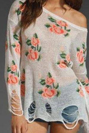 Unique Style Rose Print Frayed Knitwear
