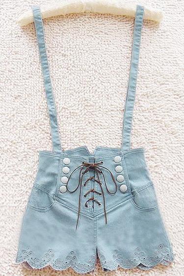 A 072402 RETRO DOUBLE-BREASTED HIGH WAIST DENIM OVERALLS