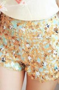 Beaded Flower Sequined Chiffon Shorts AECGB