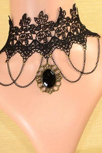 Black Lace Victorian Necklace With Crystal Pendant
