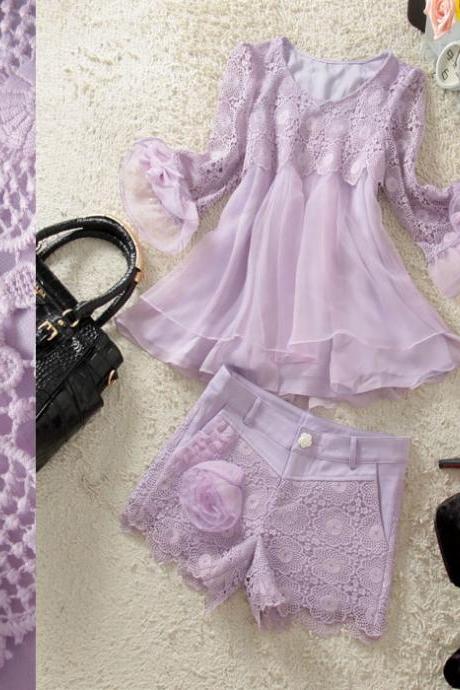 Multilayer Swing Shirt And Hook Flower Hollow Shorts Two Piece Suit AX3
