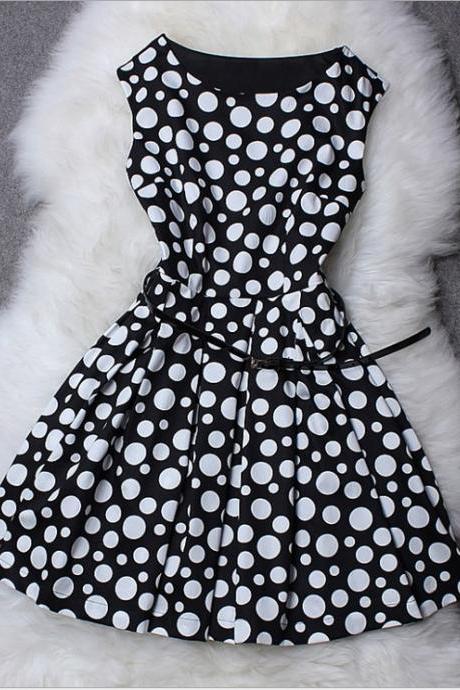 Polka Dot Printed Sleeveless Dress ( With Belt ) AFAJCF