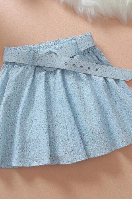 Light Blue Floral Printed Skirt with Round Buckle Belt