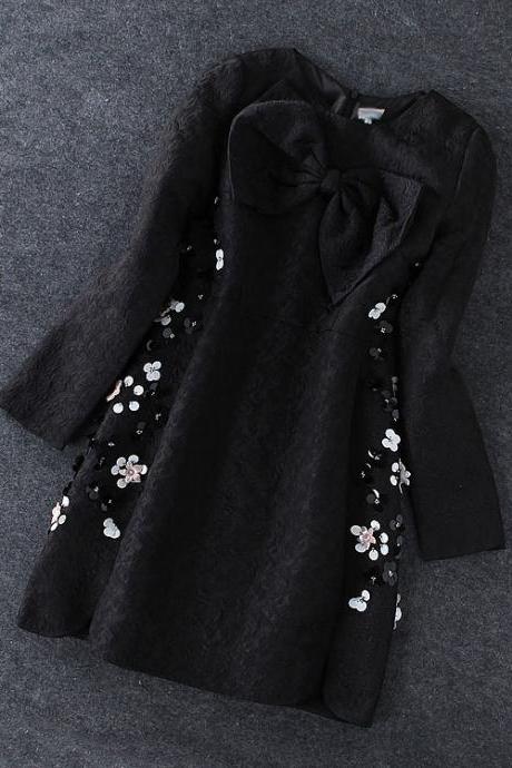 Jacquard Bow Sequined Black Dress CA922H
