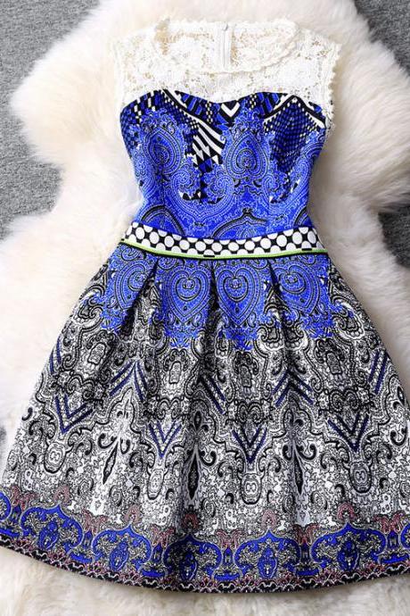Lace Stitching Printed Sleeveless Dress MFa