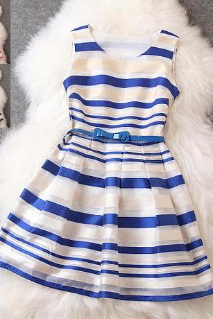 Navy Stripe Design Stitching Sleeveless Dress