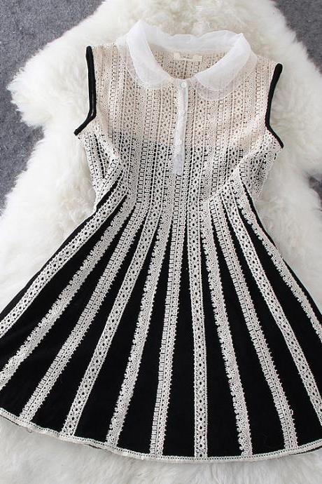 Organza Lace Stitching Vertical Stripes Dress