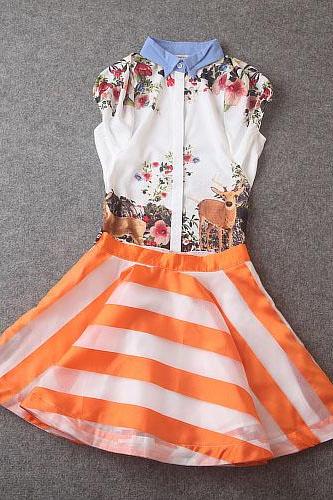 Print Shirt + Striped Organza Skirt