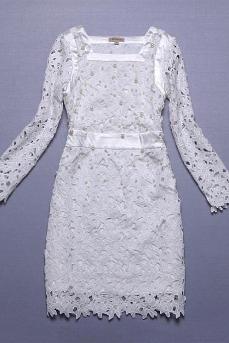Soluble Pearl Flower Set Long-sleeved Dress