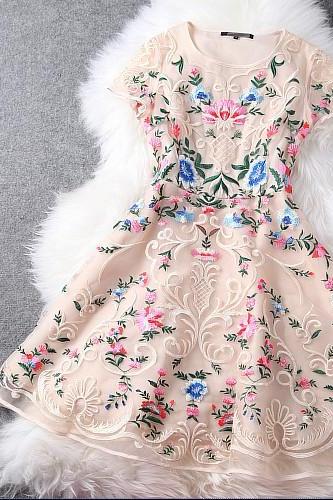 Temperament Slim Organza Embroidered Short-sleeve Dress
