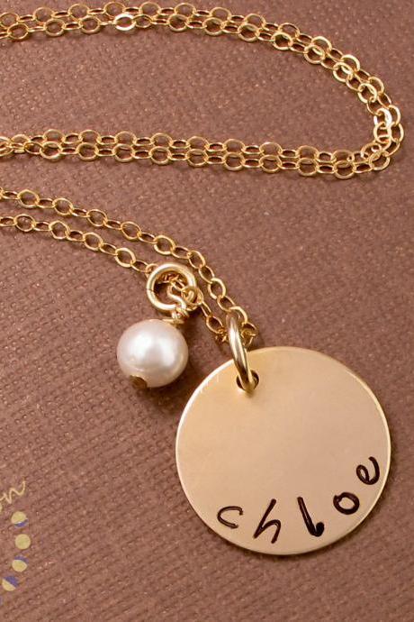 Gold necklace: 14k gold filled personalized name engraved necklace with pearl