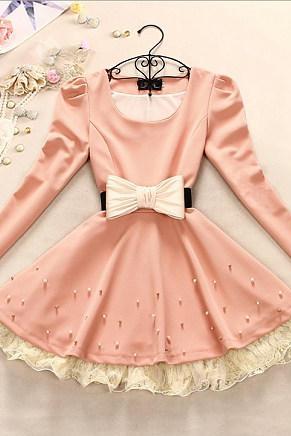 Cute Pearl Pink Dress With Lace And Bow, Cute Dress, Lovely Autumn Dress 2015, Women Dresses
