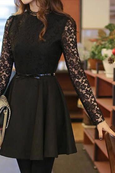 High Quaity Sexy Lace Long Seleeve Ball Gown Knee Length Dress, Black Lace Autumn Dress, Sexy Lace Dress