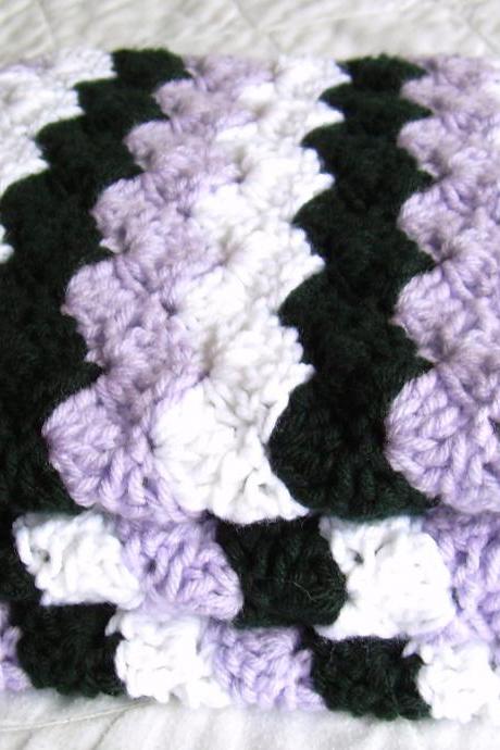 Crochet Purple Baby Blanket, white, black, and purple afghan, crib size