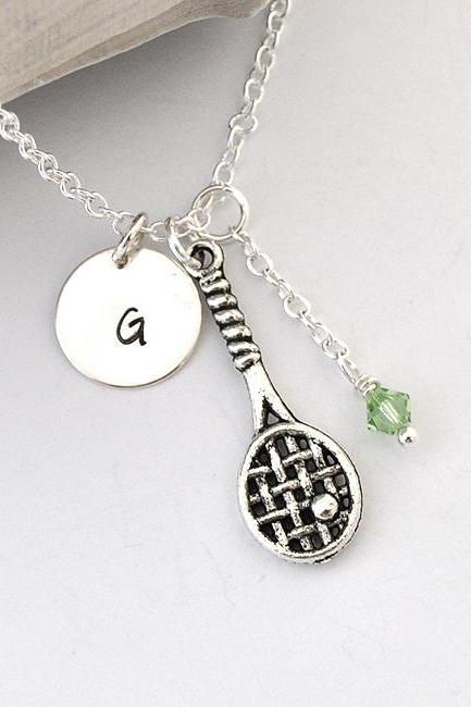 Tennis Necklace, Birthstone Initial Necklace, Monogram, Racket, Racquet Charm, Sport Jewelry, Personalized necklace, tennis team