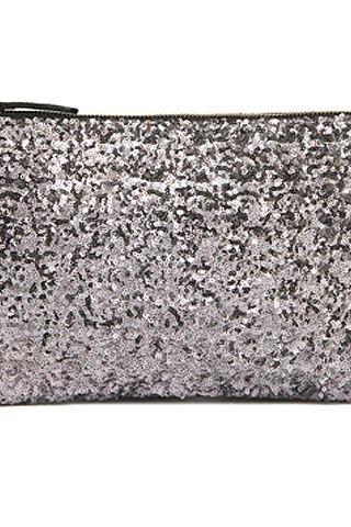 Silver Sequined Wristlet Clutch With Zipper Closure
