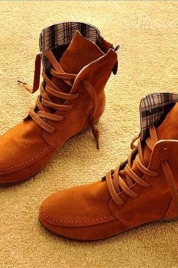 England Round Fringed Flat Boots Concise Comfortable Lace-up Suede High-top Boots