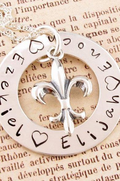 Personalized washer necklace: HAND STAMPED fleur de lis charm