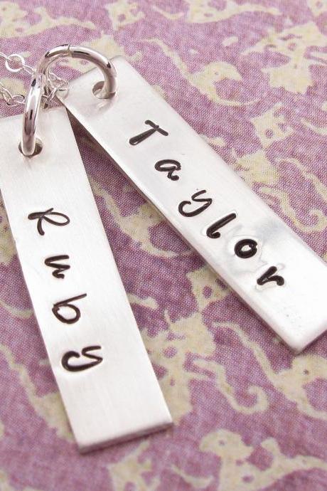 Hand Stamped Necklace: Sterling Silver Engraved Rectangle Name Tags