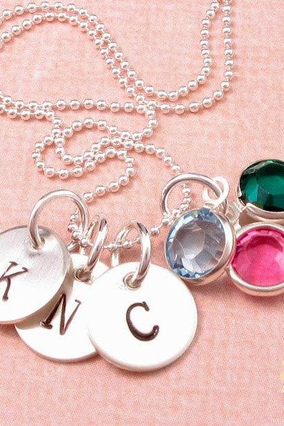 Stamped initial charm: Custom engraved sterling silver with birthstones