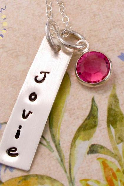 Hand Stamped Jewelry: Personalized Mothers Jewelry with a birthstone - rectangle name dog tag