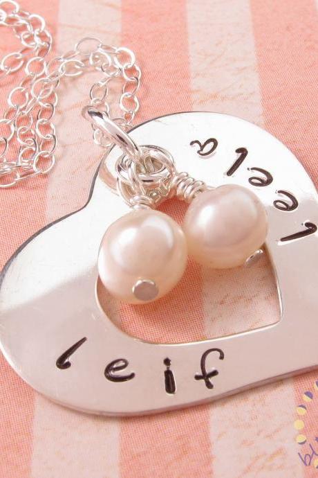 Silver heart necklace: personalized charm necklace with pearls