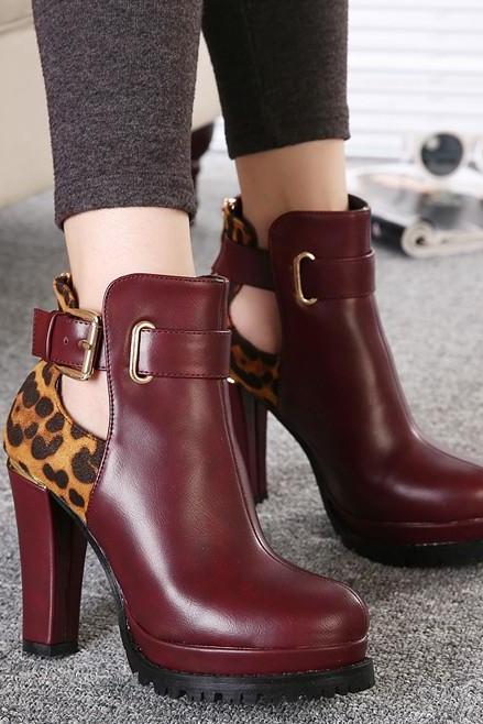 Wine Red Boots With Leopard Print Details