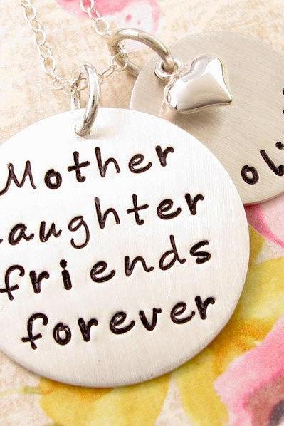 Mother daughter necklace: friends forever HAND STAMPED silver pendant