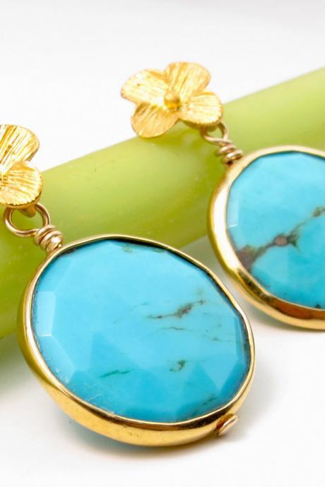 Turquoise earrings: Bezel set vermeil faceted blue gemstone flower post earrings