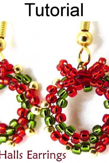 Beading Tutorial Pattern Earrings - Christmas Holiday Wreath Circular Peyote Stitch - Simple Bead Patterns - Deck The Halls Earrings #10528