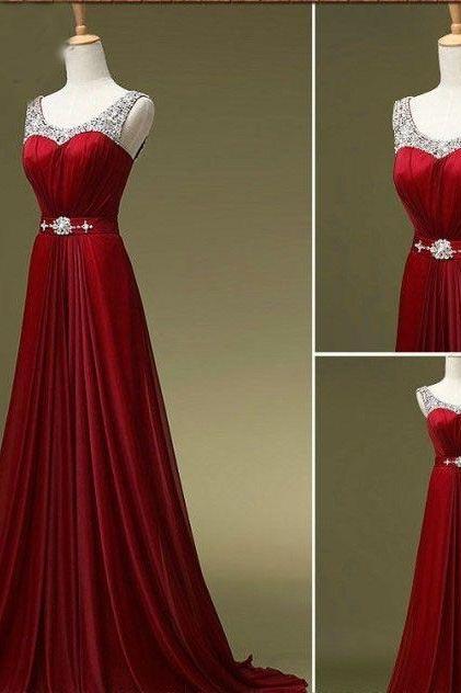 Super Elegant Round Neckline A-line Floor Legnth Prom Dress With Beadings, High Quality Prom 2016, Red Prom Dress, Party Dress