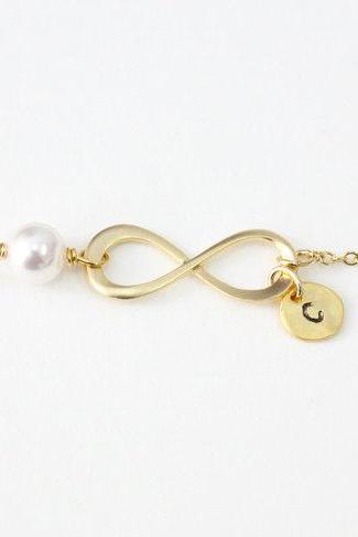 Infinity Necklace, Initial Charm, Personalized initial necklace, best friend necklace, initial jewelry, Swarovski Pearl