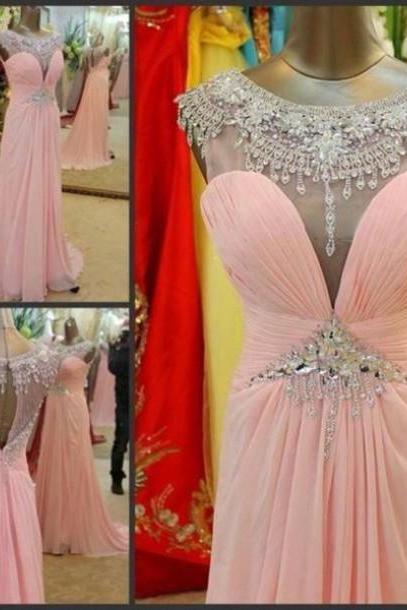 Beautiful Handmade Pink A-line Sweep Train Chiffon Prom Dresses with Beadings, High Quality Handmade Pink Prom Dresses, Prom 2015, Formal Dresses