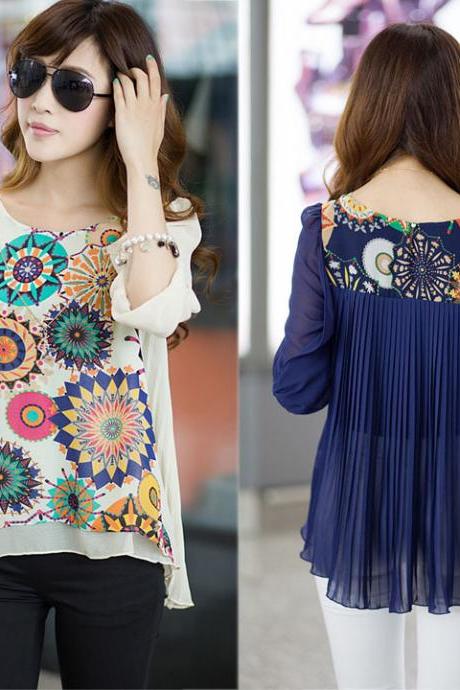 *Free Shipping* New Spring Summer Chiffon Blouse Women Fashion Casual Shirt Tops Loose Pleats Retro Print Blouse Plus Size #3 SV005580