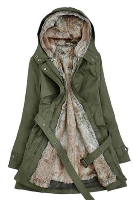 Stylish Faux Fur Lined Warm Winter Coat in Army Green