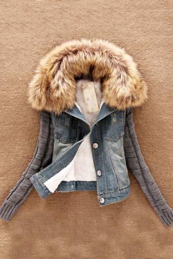 Hooded Faux Fur Design Patchwork Denim Coat