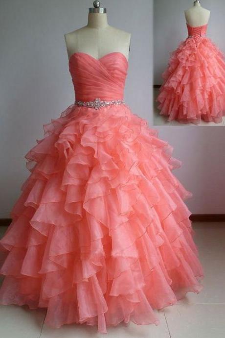 Beautiful Coral Ball Gown Sweetheart Prom Dresses with Beadings, Coral Prom Dresses, Prom Dress 2015, Prom Gown